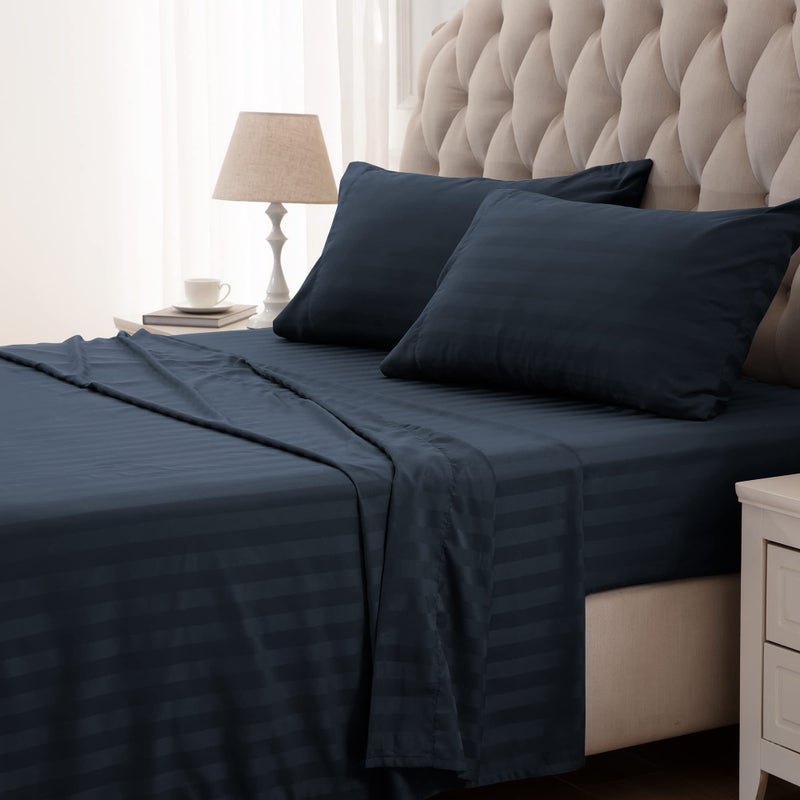 SLEEP ZONE Striped Cooling Sheets Set King Size - Fitted Flat Sheet & Pillowcase Sets 4 Piece - Super Soft Stripe Bed Sheet, Easy Care, Deep Pocket (Navy Blue, King) - Image 1